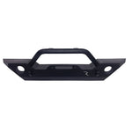 Rampage Rock Rage black textured steel front bumper with bull bar and winch plate for Jeep Wrangler and Gladiator.