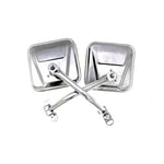 Pair of stainless steel factory-style side mirrors with mounting arms for Jeep CJ5 and CJ7 models.