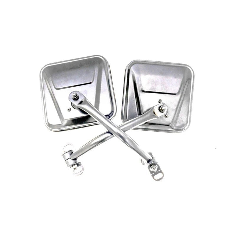 Pair of stainless steel factory-style side mirrors with mounting arms for Jeep CJ5 and CJ7 models.