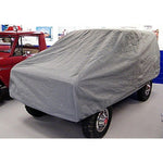 Grey Rampage 4-layer breathable car cover custom-fitted to a 1966-1977 Ford Bronco.