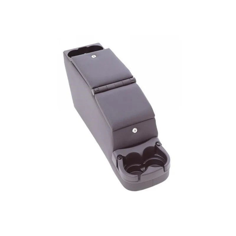 Grey Rampage Deluxe Locking Center Console with padded armrest and adjustable front cup holders for 1976-1995 Jeep models.