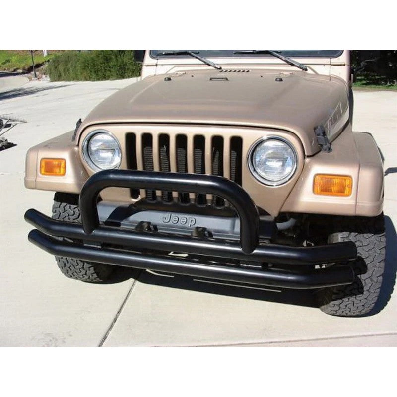 Black dual-tube front bumper for 1976-2006 Jeep CJ and Wrangler models