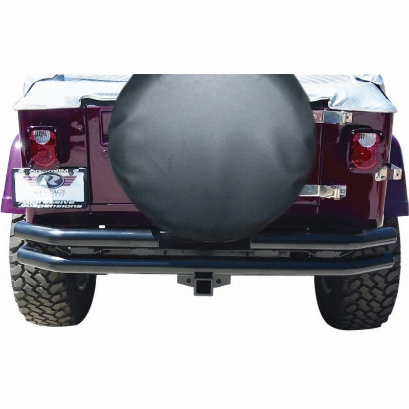 Rampage 7648 black powder coated double tube rear bumper with one-piece welded steel construction for Jeep CJ and Wrangler.