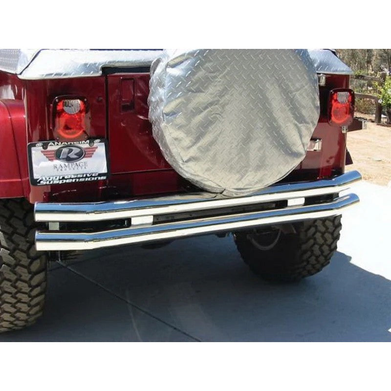 Polished 304 stainless steel double tube rear bumper with integrated hitch receiver for Jeep CJ and Wrangler.