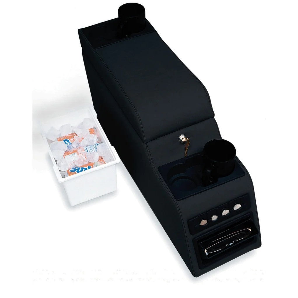 Rampage Black Denim locking center console with padded armrest and cup holders for 1976-1995 Jeep CJ and Wrangler