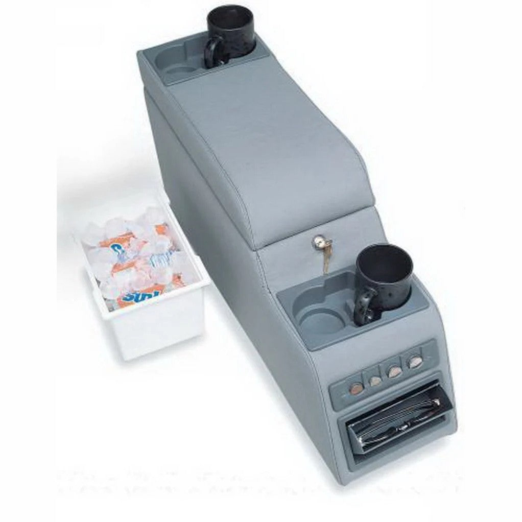 Rampage grey locking center console for Jeep CJ and Wrangler with dual cup holders and padded armrest.