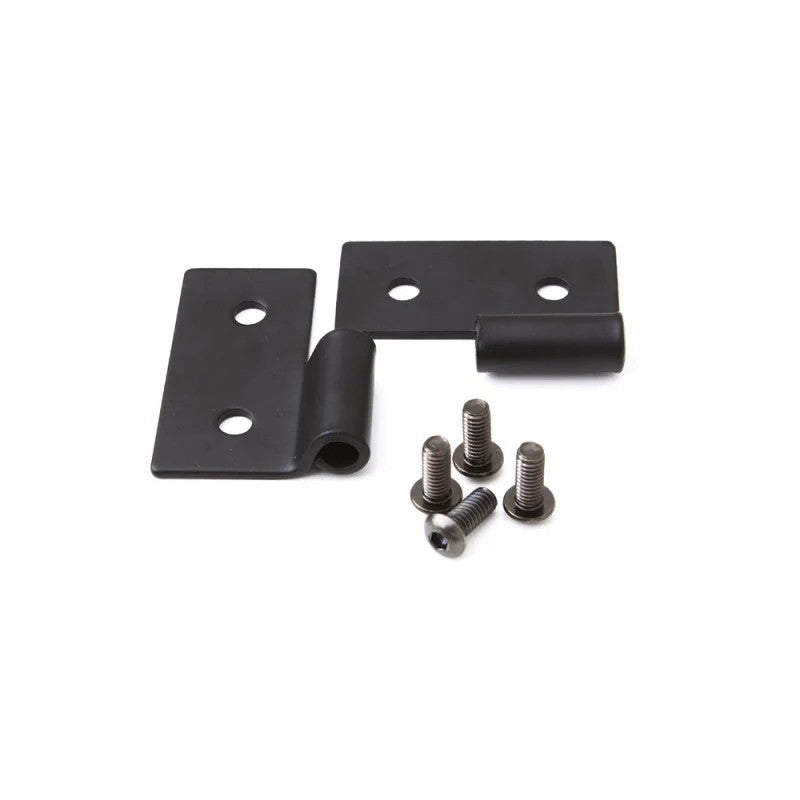 Pair of black powdercoated stainless steel lower door hinge brackets for 1976-2006 Jeep CJ5, CJ7, and Wrangler.