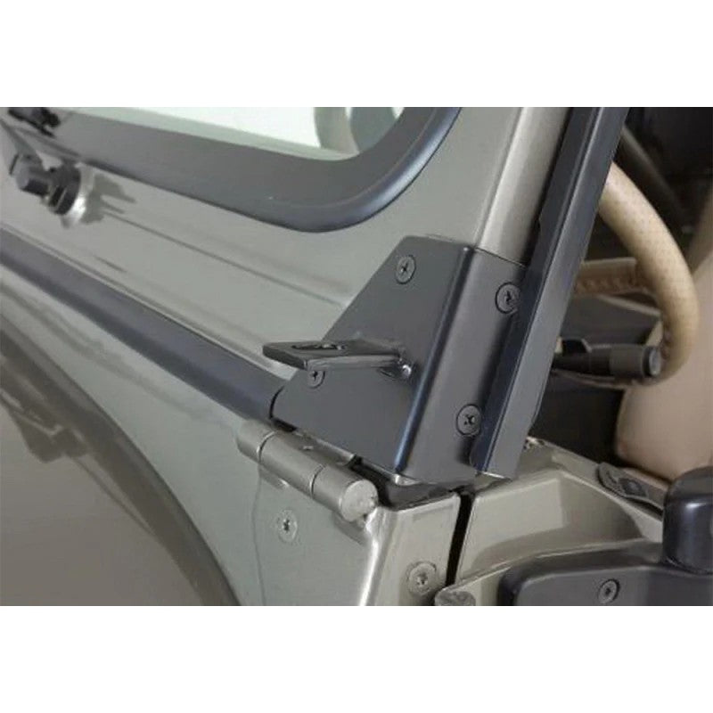 Black steel windshield hinge light mounting bracket for 1976-1995 Jeep CJ and Wrangler models.
