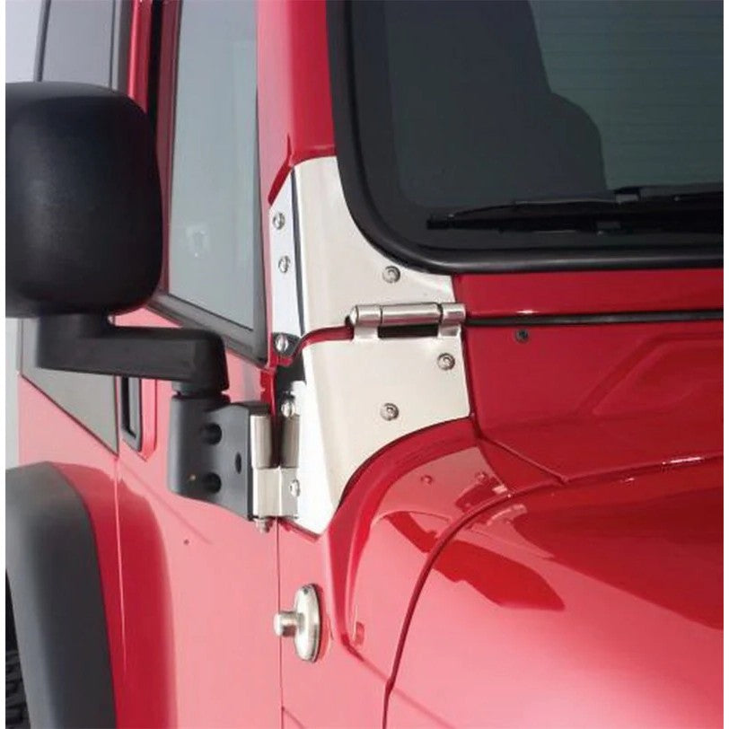 Pair of Rampage stainless steel windshield hinges with mirror mounts for 1976-1995 Jeep CJ5, CJ7, and Wrangler.