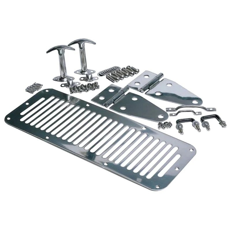 Black powder coated cast stainless steel hood hinges, vent, and hardware kit for 1978-1995 Jeep CJ and Wrangler.