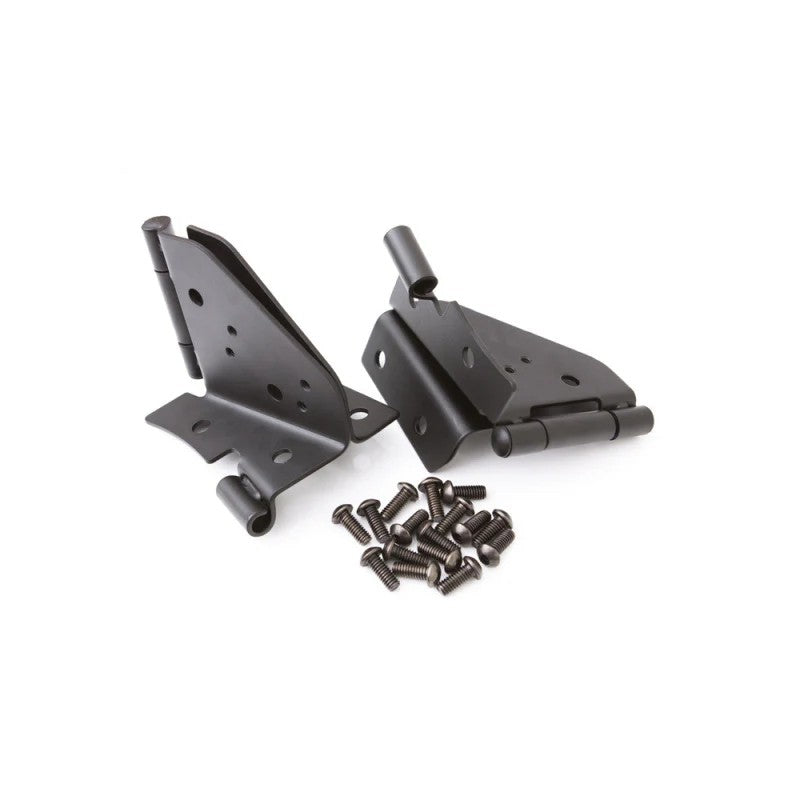 Pair of Rampage black windshield hinges with pre-drilled mirror mounts for 1976-1995 Jeep CJ and Wrangler.