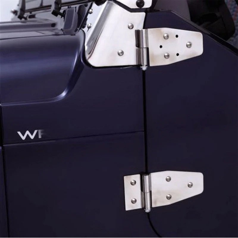 Four-piece set of polished stainless steel Jeep Wrangler door hinges with mirror mounting holes
