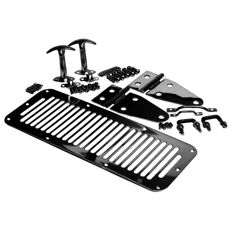 Black powdercoated Jeep Wrangler YJ hood hardware kit featuring hinges, vent, footman loop, and latches.