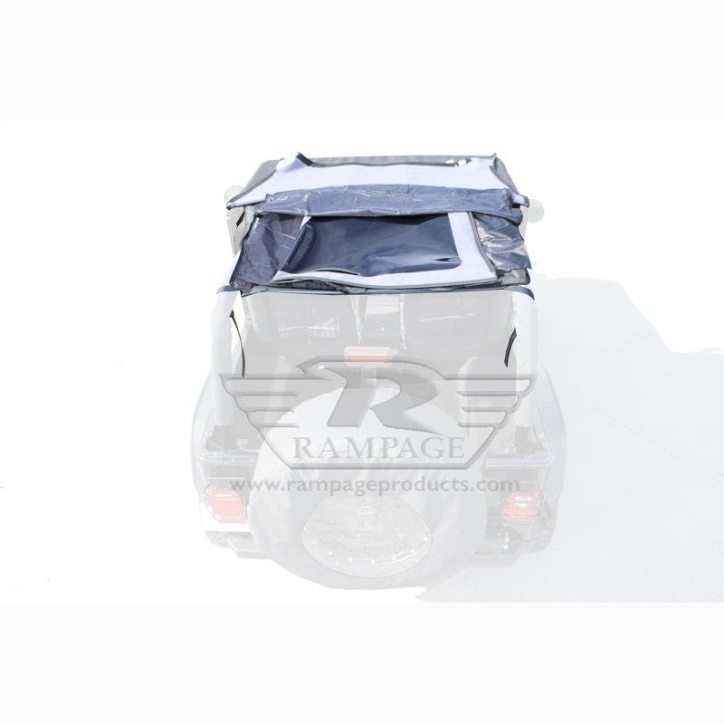 Rampage Frameless Trail Top in Black Diamond fabric with fastback styling on a 1992-1995 Jeep Wrangler YJ