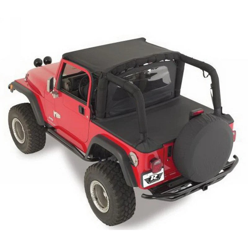 Black denim rear tonneau cover with roll bar sleeves installed on a 1992-1995 Jeep Wrangler YJ.