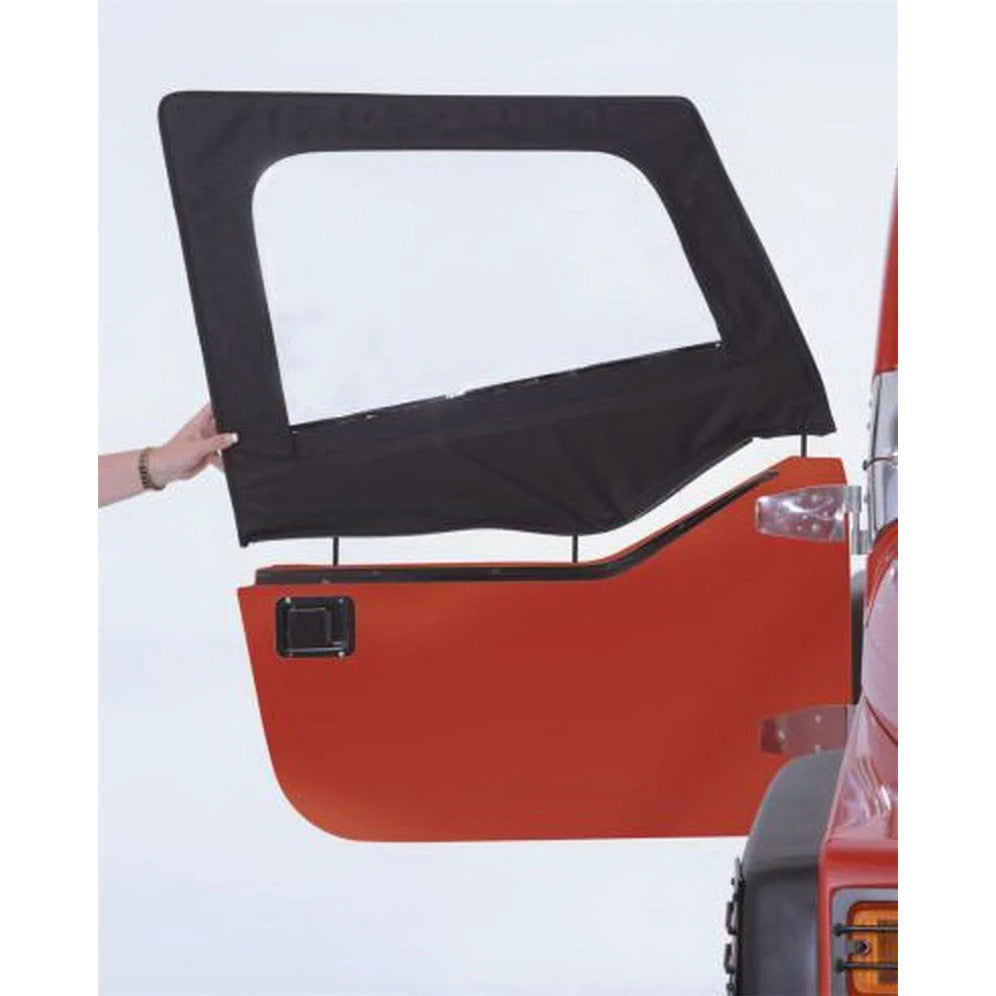 Rampage black denim replacement soft upper door skins for 1997-2002 Jeep Wrangler TJ half doors.