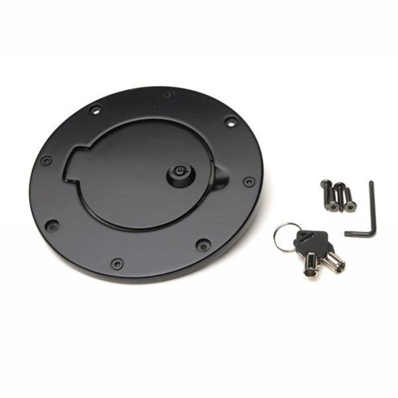 Black powder-coated billet aluminum locking fuel door for 1997-2006 Jeep Wrangler TJ with two keys included