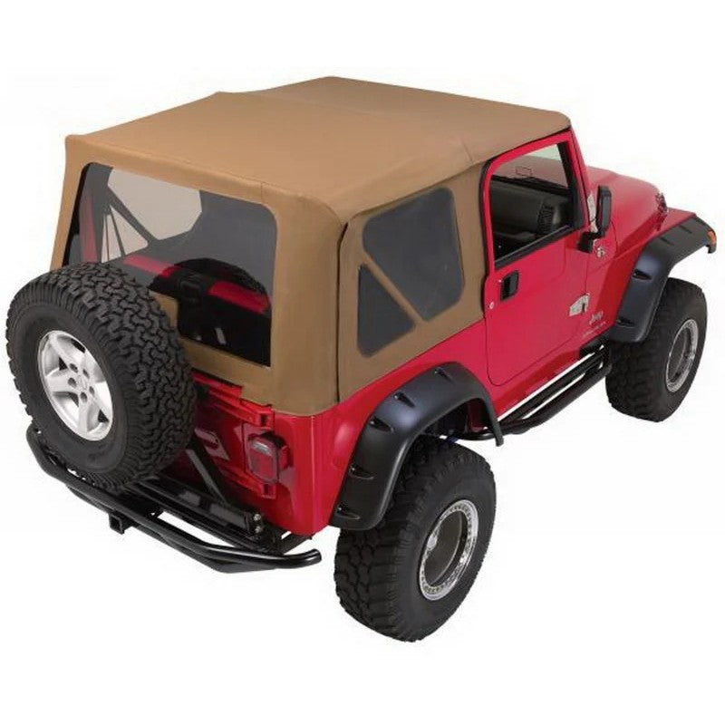 Rampage Khaki complete soft top with frame and tinted windows installed on a 1997-2006 Jeep Wrangler TJ
