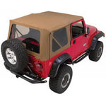 Rampage Khaki complete soft top with frame and tinted windows installed on a 1997-2006 Jeep Wrangler TJ
