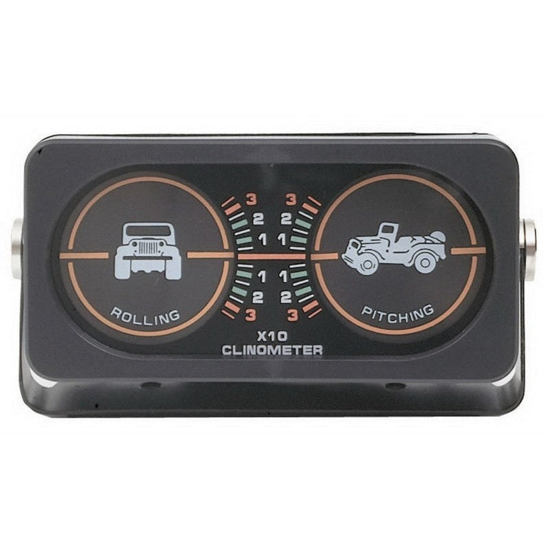 Black Rampage dual-gauge clinometer showing pitch and roll angles with illuminated degree markings.