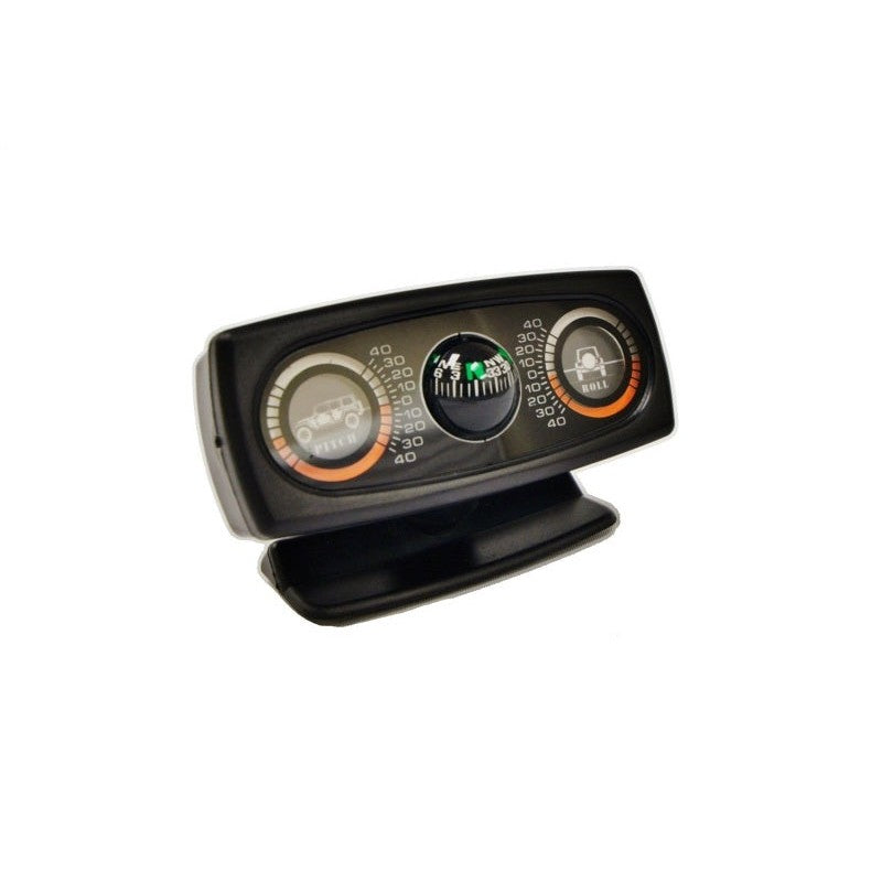 Black Rampage universal clinometer with dual illuminated pitch and roll gauges and integrated center compass