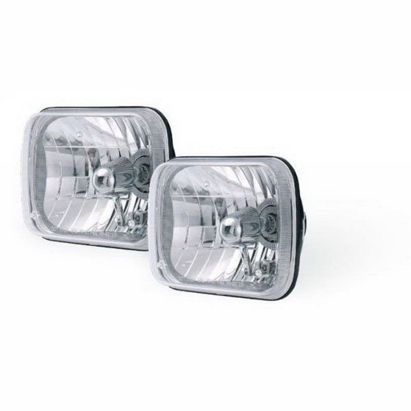 Pair of Rampage 7-inch round and 200mm rectangular H4 halogen conversion headlights with clear glass lenses.