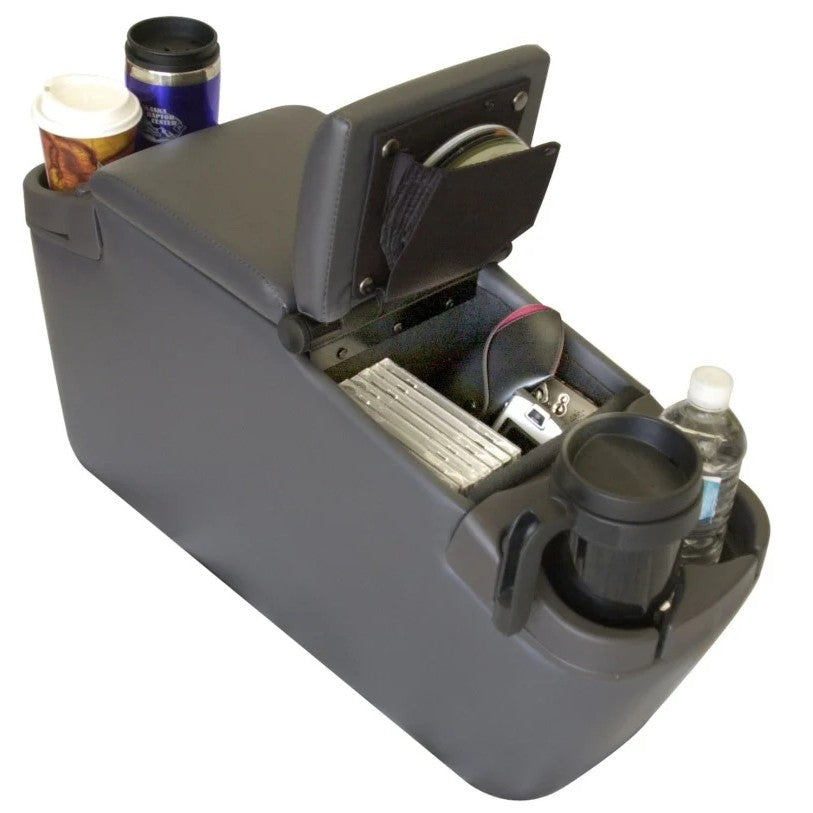 Charcoal Rampage universal minivan center console with padded armrest and integrated adjustable cup holders