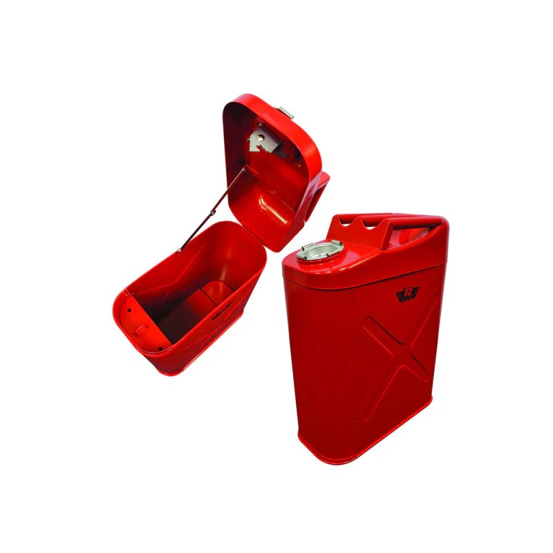 Red powder-coated steel Rampage trail storage box styled as a 5-gallon Gerry fuel can with lockable cap.