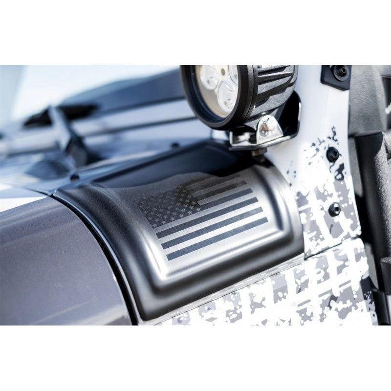 Black Rampage cowl covers with American flag decals for 2007-2018 Jeep Wrangler JK.