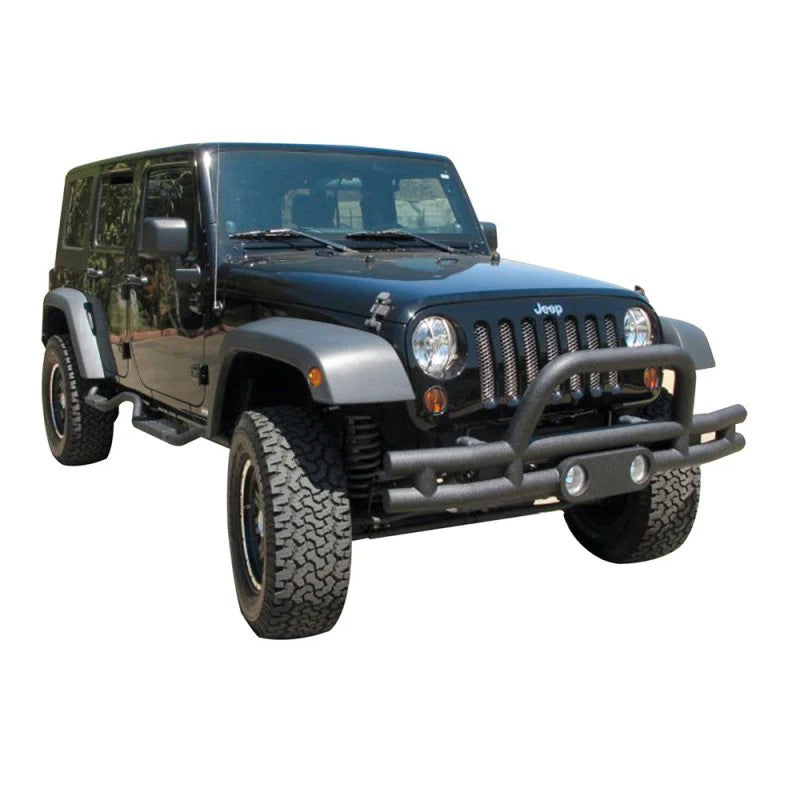 Black powder coated one-piece double tube front bumper with robotic welds for Jeep Wrangler and Gladiator.