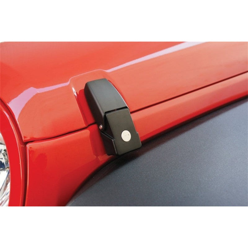 Black powder-coated cast stainless steel locking hood catch kit for 2007-2018 Jeep Wrangler JK