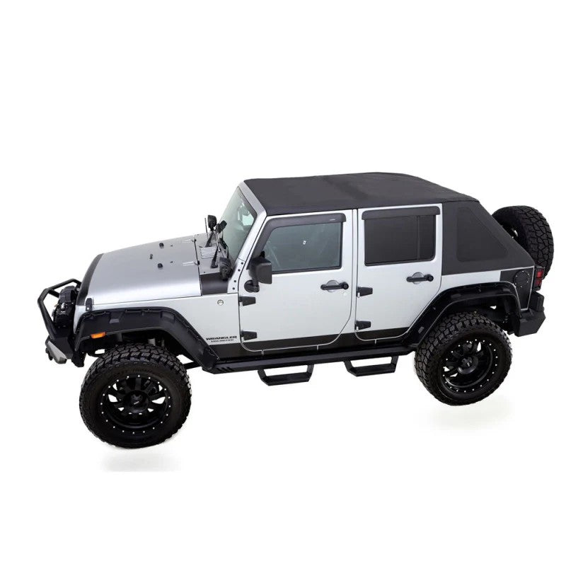 Rampage Trailview Fastback frameless soft top in Black Diamond finish for Jeep Wrangler JK Unlimited.