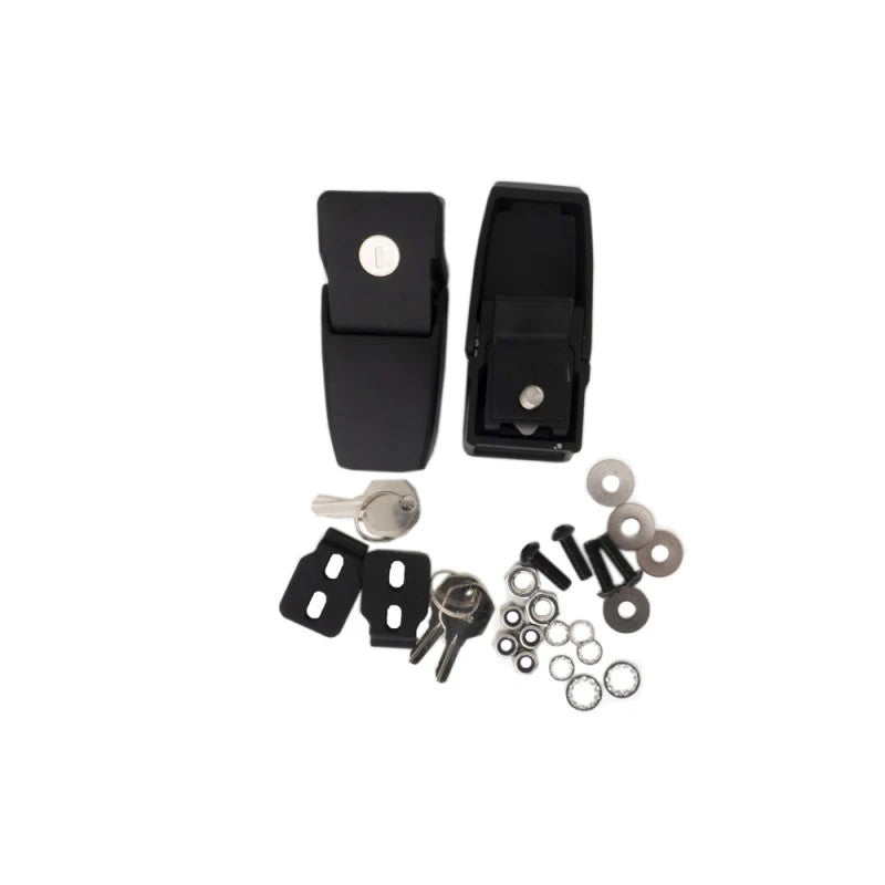 Rampage 76337 black locking hood catches shown as a pair for 2018-2026 Jeep Wrangler and Gladiator.