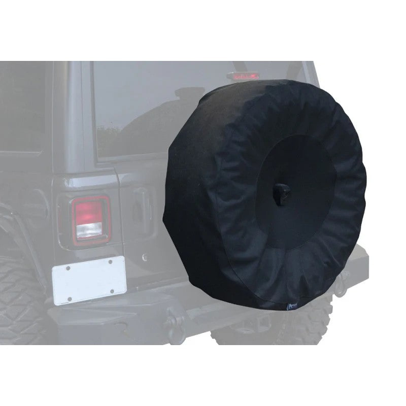 Black denim Rampage spare tire cover with integrated backup camera slot for 33 to 35 inch Jeep tires.