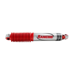 Rancho RS9000XL series adjustable front shock absorber with silver metallic finish and red protective boot.