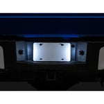 Two Raxiom white LED license plate light housings with integrated LED diodes and plug-and-play wiring connectors.