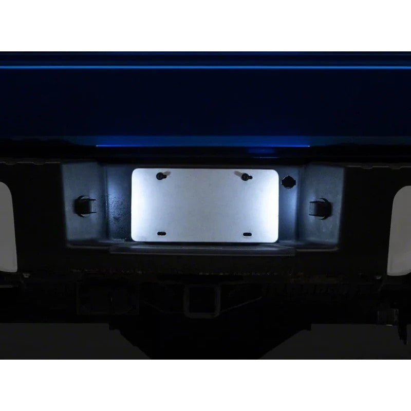 Two Raxiom white LED license plate light housings with integrated LED diodes and plug-and-play wiring connectors.
