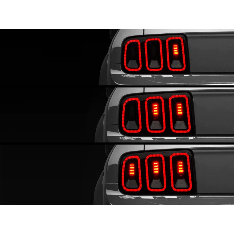 Raxiom Gen5 LED sequential tail lights with black housing and smoked lenses for 2005-2009 Ford Mustang