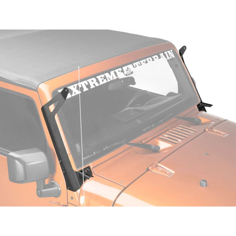 Raxiom textured black steel windshield brackets for 50-inch LED light bar and dual 3-inch auxiliary pods.