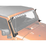 Raxiom textured black steel windshield brackets for 50-inch LED light bar and dual 3-inch auxiliary pods.