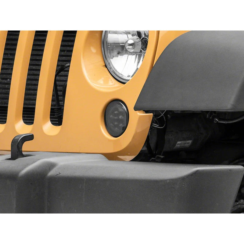 Raxiom Axial Series smoked LED turn signal housings with amber LEDs for 2007-2018 Jeep Wrangler JK