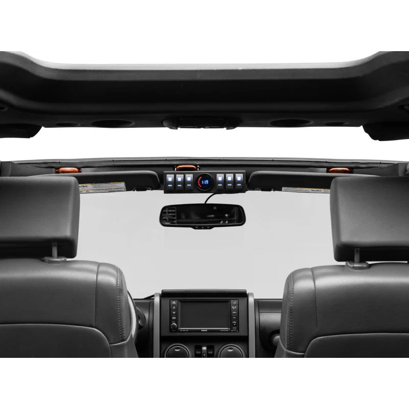 Raxiom 6-switch overhead panel with digital voltmeter and epoxy-potted control box for 2007-2018 Jeep Wrangler JK.