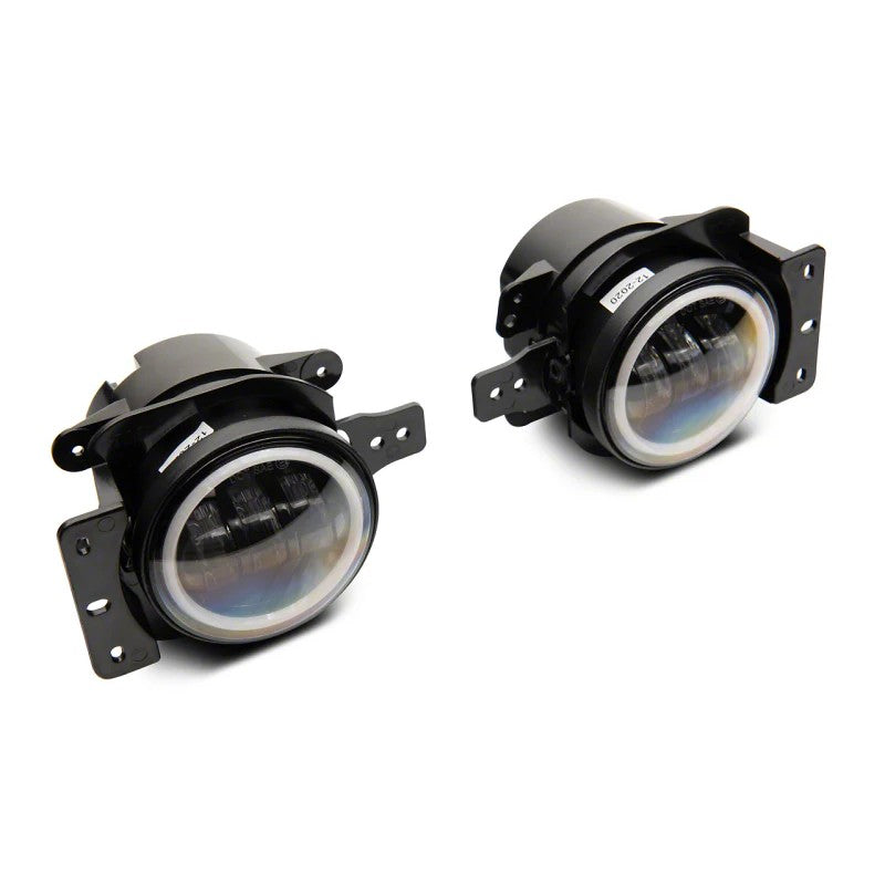 Pair of Raxiom Axial Series round LED fog lights with integrated white halo rings and clear lenses.