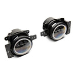 Pair of Raxiom Axial Series round LED fog lights with integrated white halo rings and clear lenses.