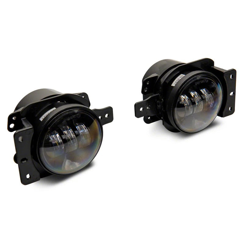 Pair of Raxiom Axial Series round LED fog lights with clear polycarbonate lenses and black die-cast aluminum housings.