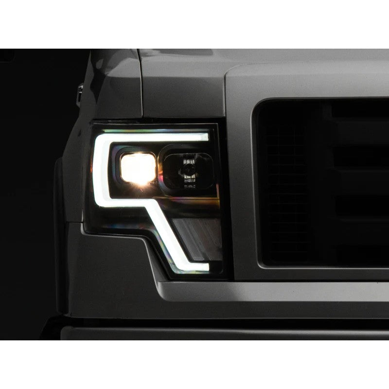 Raxiom G4 Series projector headlights with black housings and dual LED light bars for 2009-2014 Ford F-150
