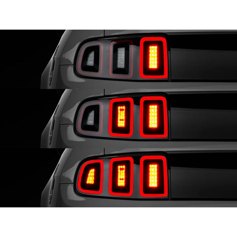 Raxiom plug-and-play tail light sequencer harnesses with factory-style connectors for 2010-2023 Ford Mustang.