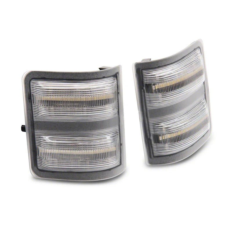 Pair of clear lens Raxiom Axial sequential LED switchback side mirror marker lamps for 2011-2016 Ford Super Duty trucks