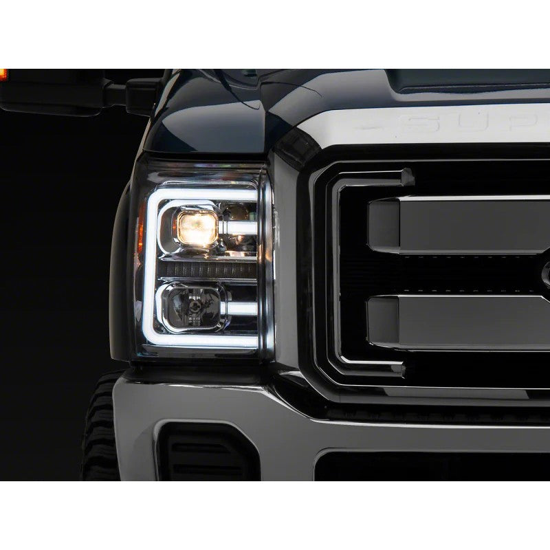 Raxiom LED projector headlights with chrome housings and clear lenses for 2011-2016 Ford F-250 and F-350 Super Duty trucks.