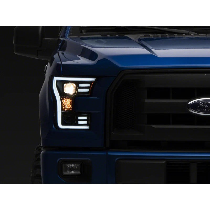 Black Raxiom G3 projector headlights with LED halo accents and clear lenses for 2015-2017 Ford F-150.